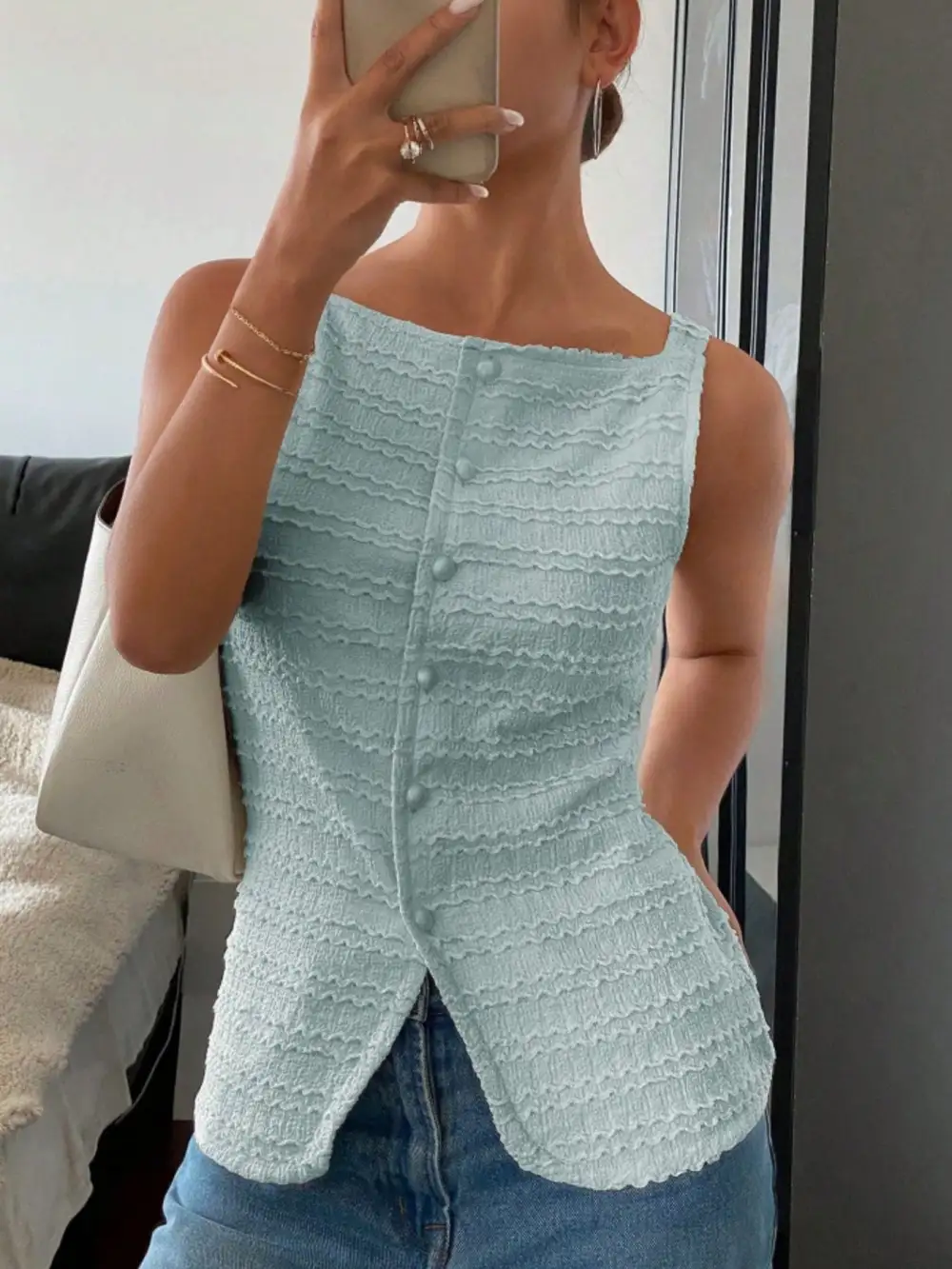 Textured Button Front Tank