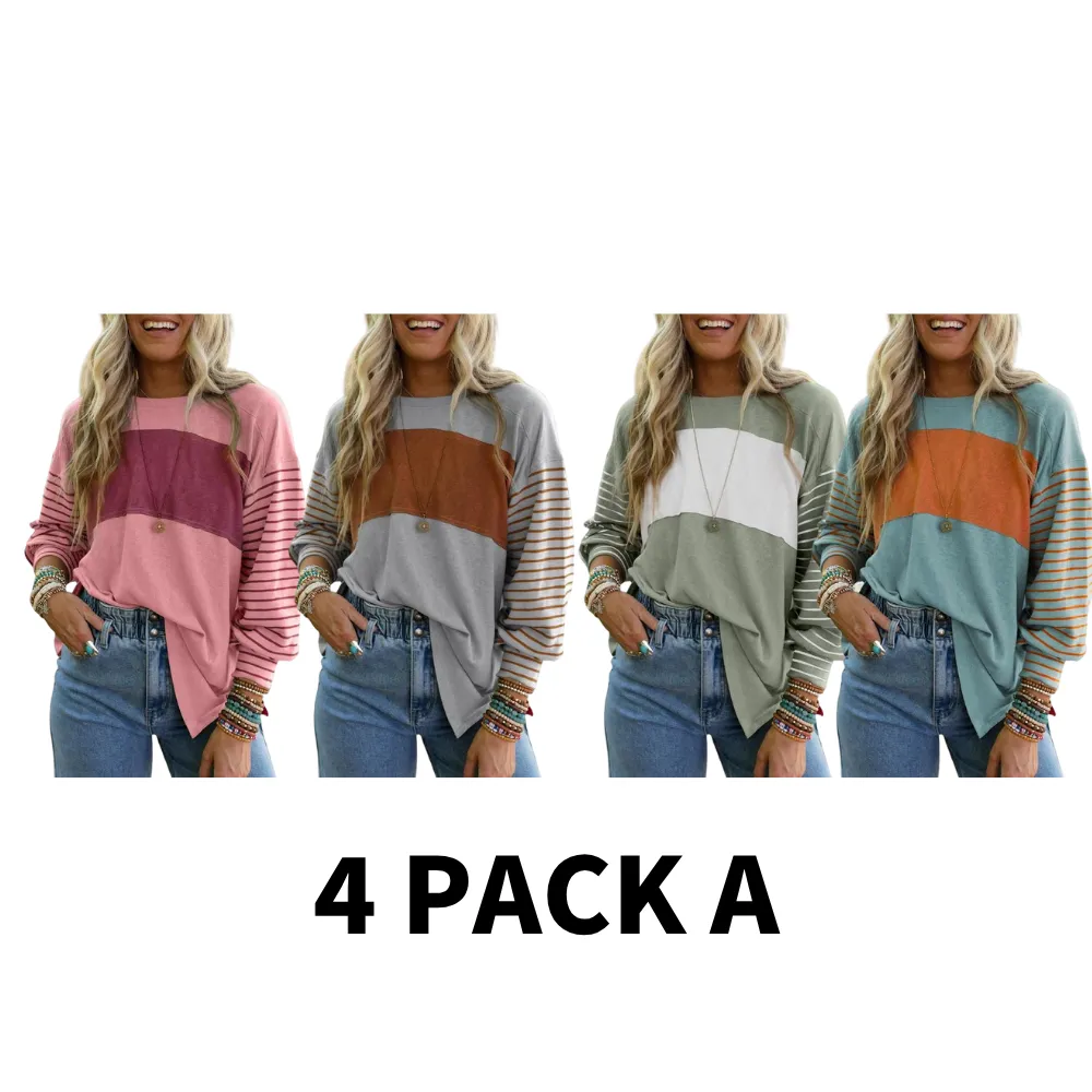 Long Sleeve Fall Tops Oversized 2025 Trendy Round Crew Neck Casual Color Block Womens Shirts Blouses