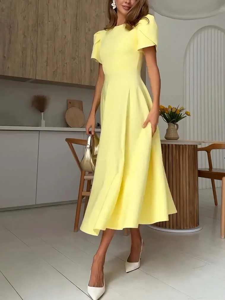 Elegant High Neck Bud Sleeve Midi Dress