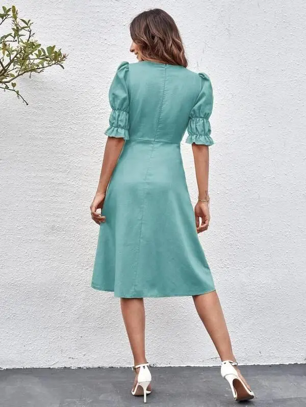 Women Ruffle Cuff Button Front Dress