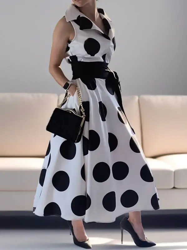 Polka Dot Sleeveless Shirt Maxi Dress