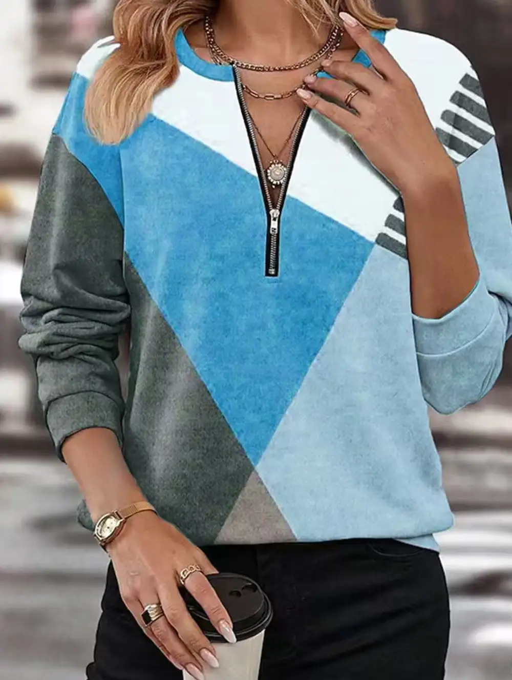Panel Loose V Neck Sweatshirt