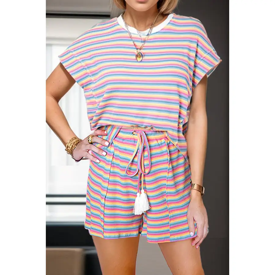 Soft Striped Round Neck Top and Shorts Set