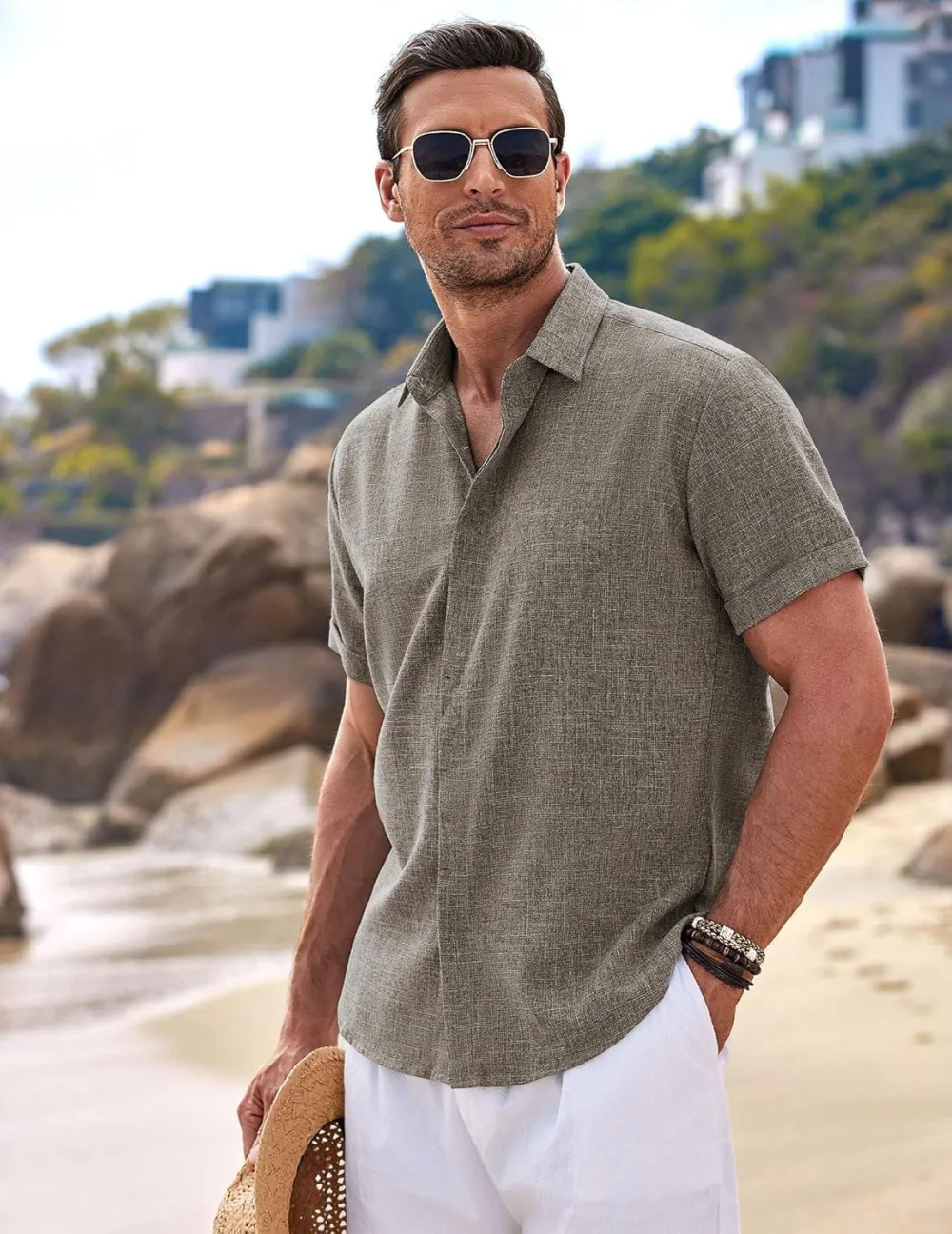 Men's Linen Shirts Short Sleeve Casual Shirts Button Down Shirt for Men Beach Summer Wedding Shirt
