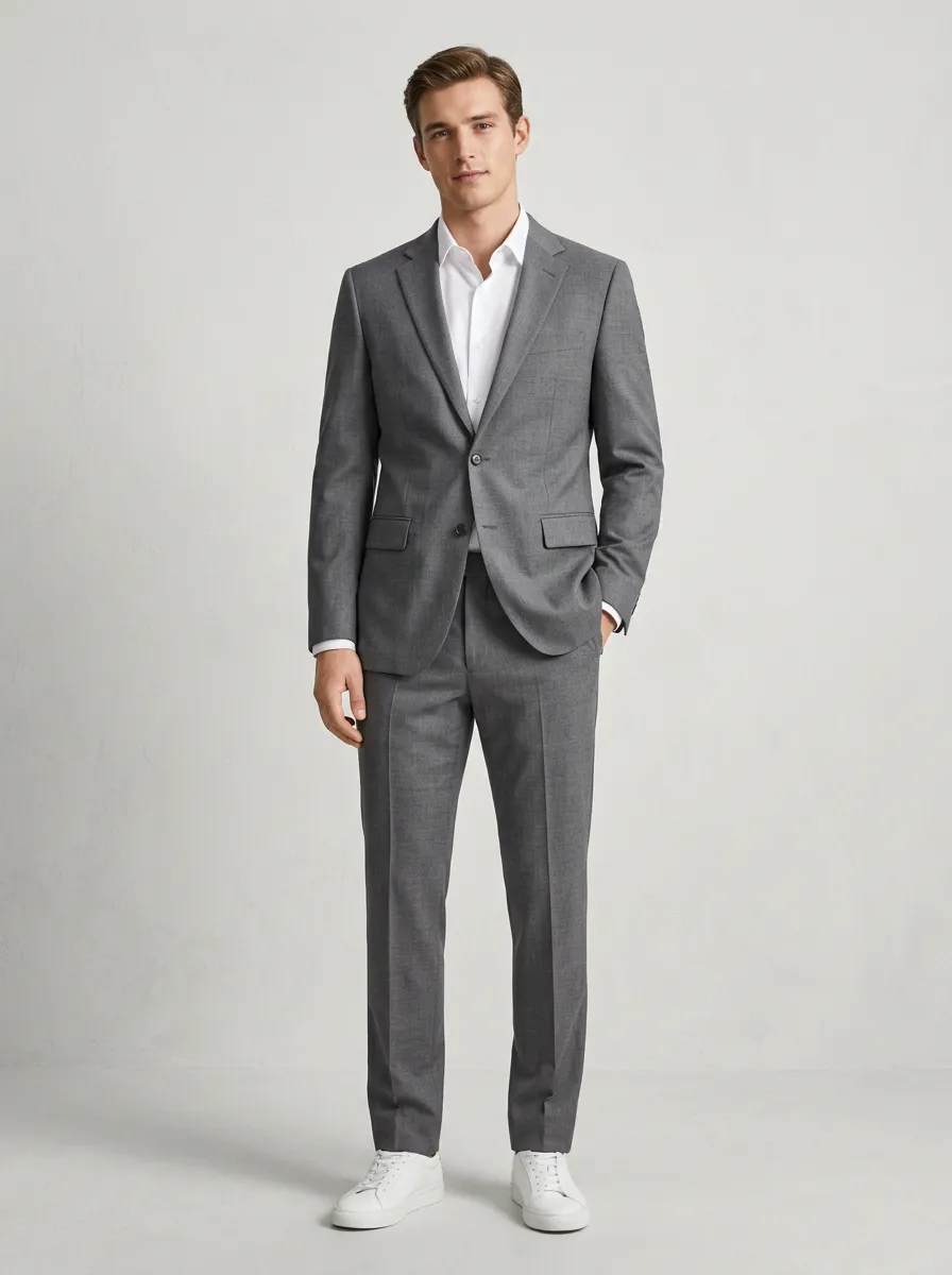 Men's Two Button Business Casual Grey Solid Tailored Suit Set
