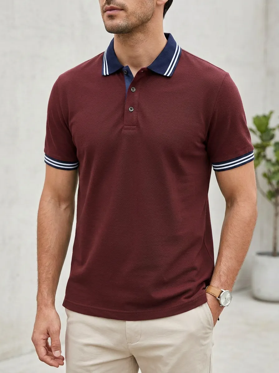 Men's Ribbed Textured Striped Tipped-Collar Polo Shirt