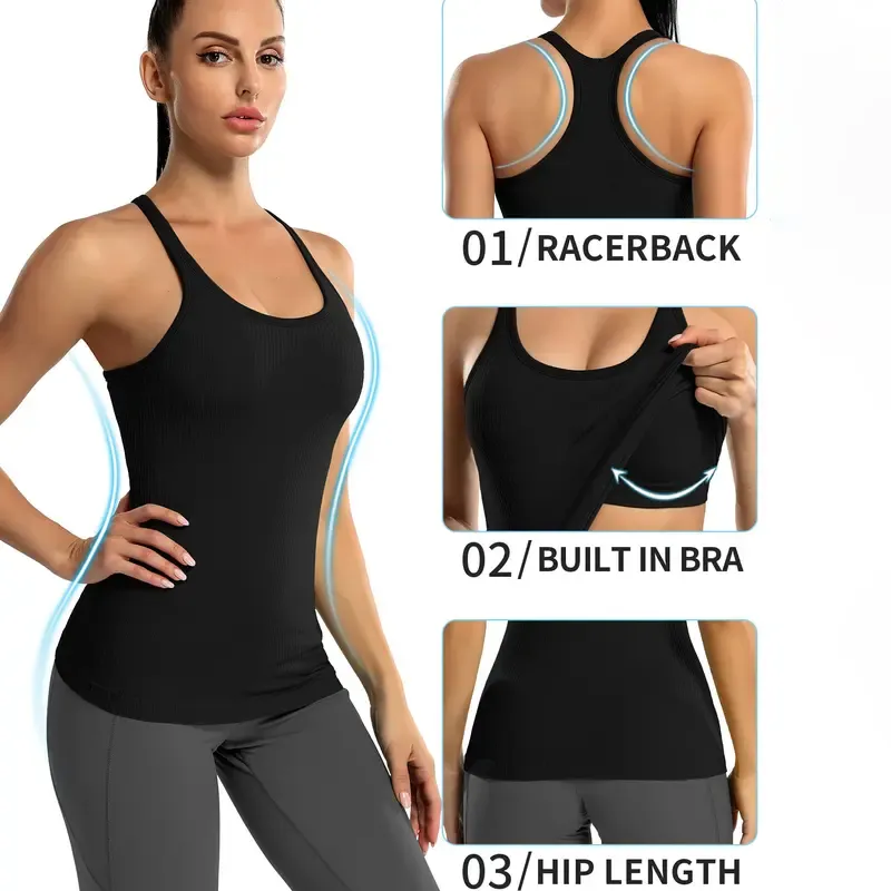 Ribbed Workout Tank Tops for Women with Built in Bra Tight Racerback Scoop Neck Athletic Top