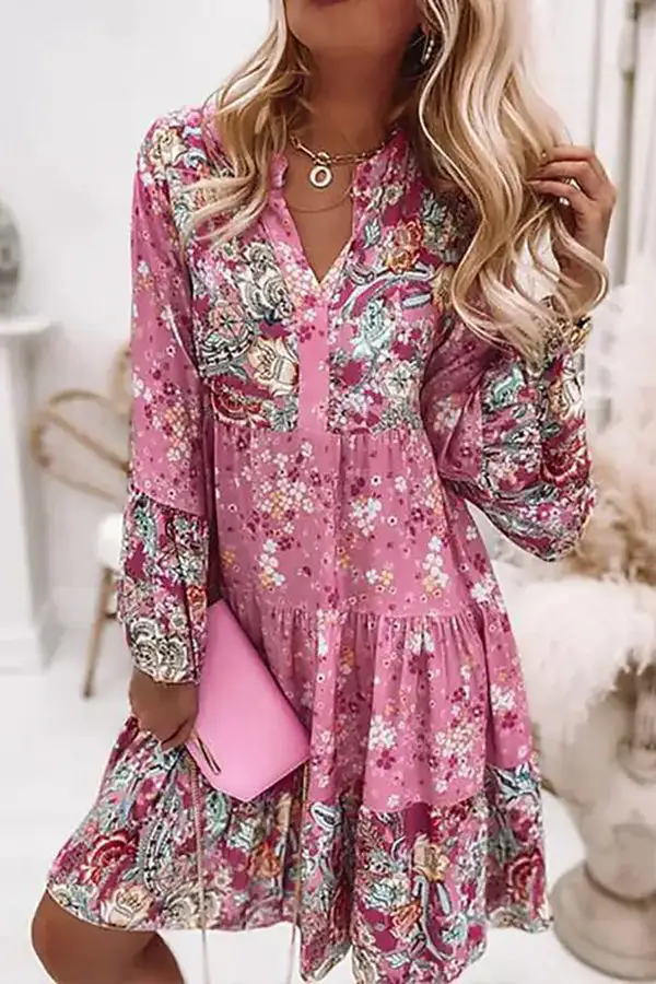 Floral-print Long-sleeve V-neck Paneled Casual Dress