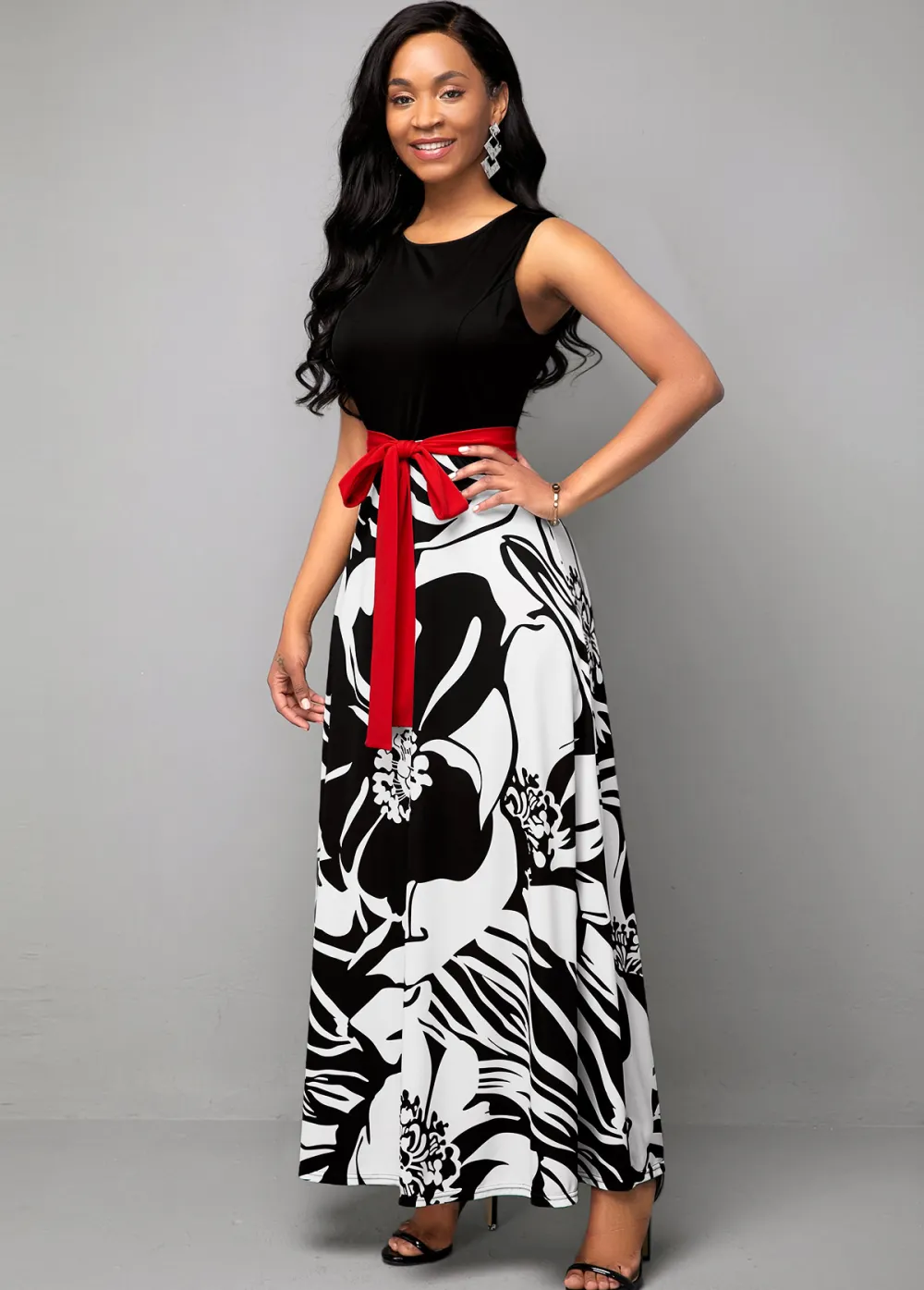 Belted Flower Print Round Neck Dress