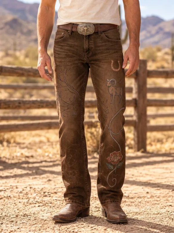 Men's Western Cowboy Horseshoe Horse Floral Jeans