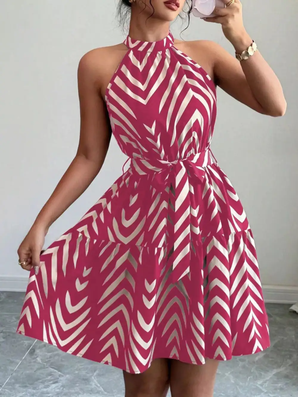 Printed Tie Waist Ruffle Dress Casual