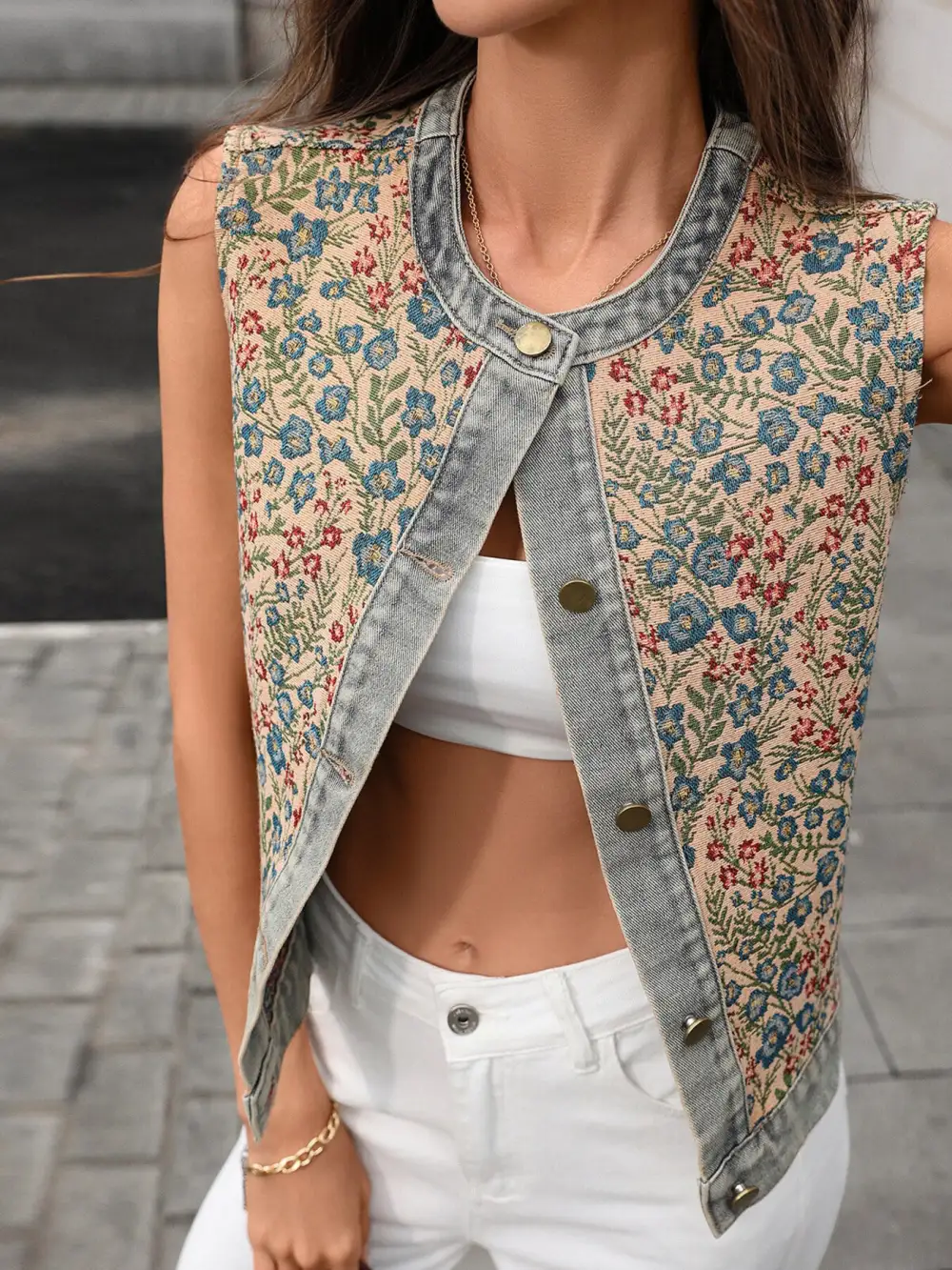 Embroidered Sleeveless Denim Top