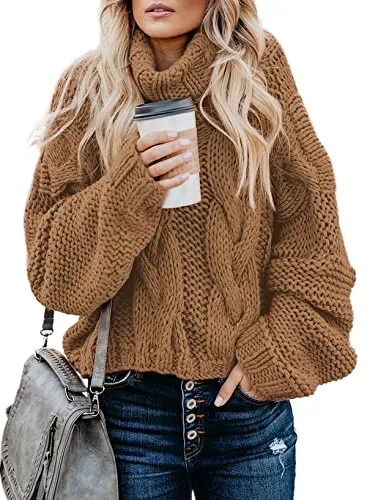 Women's 2025 Turtleneck Balloon Long Sleeve Casual Loose Chunky Cable Knit Pullover Sweater Outerwear