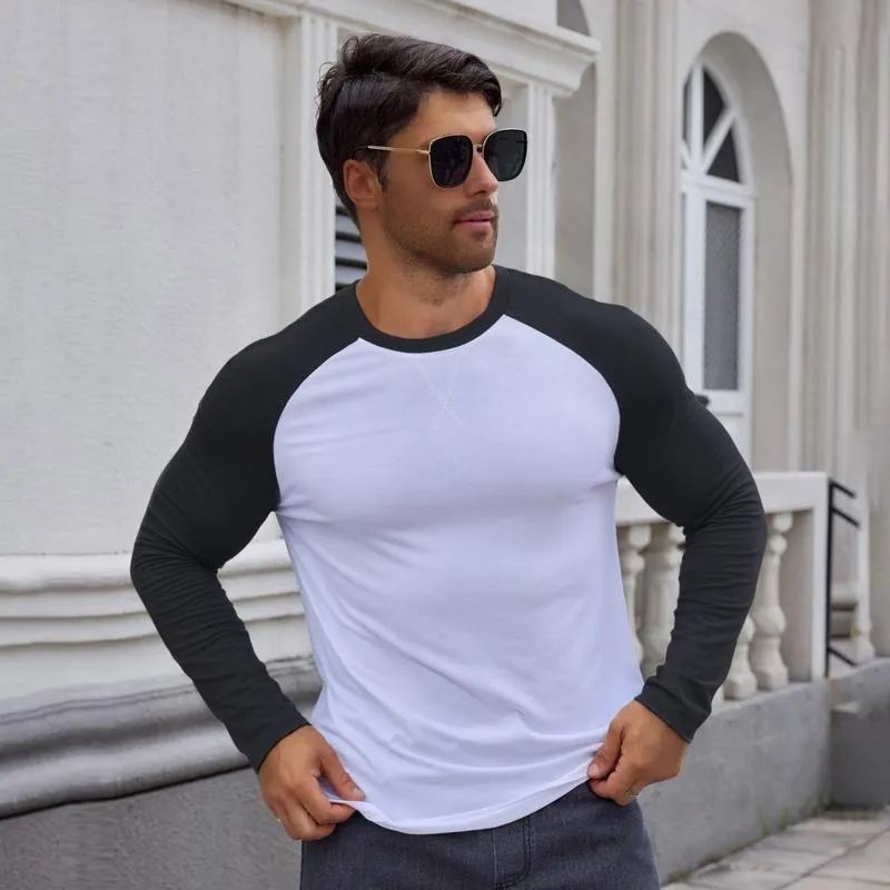 Men's long-sleeved color-blocked slim-fit T-shirt
