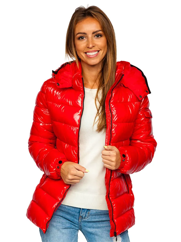 women's red quilted winter jacket with hood