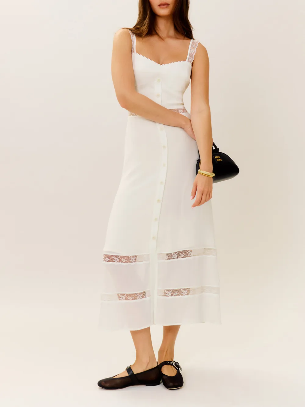 Button Front Lace Insert Sleeveless Midi Dress