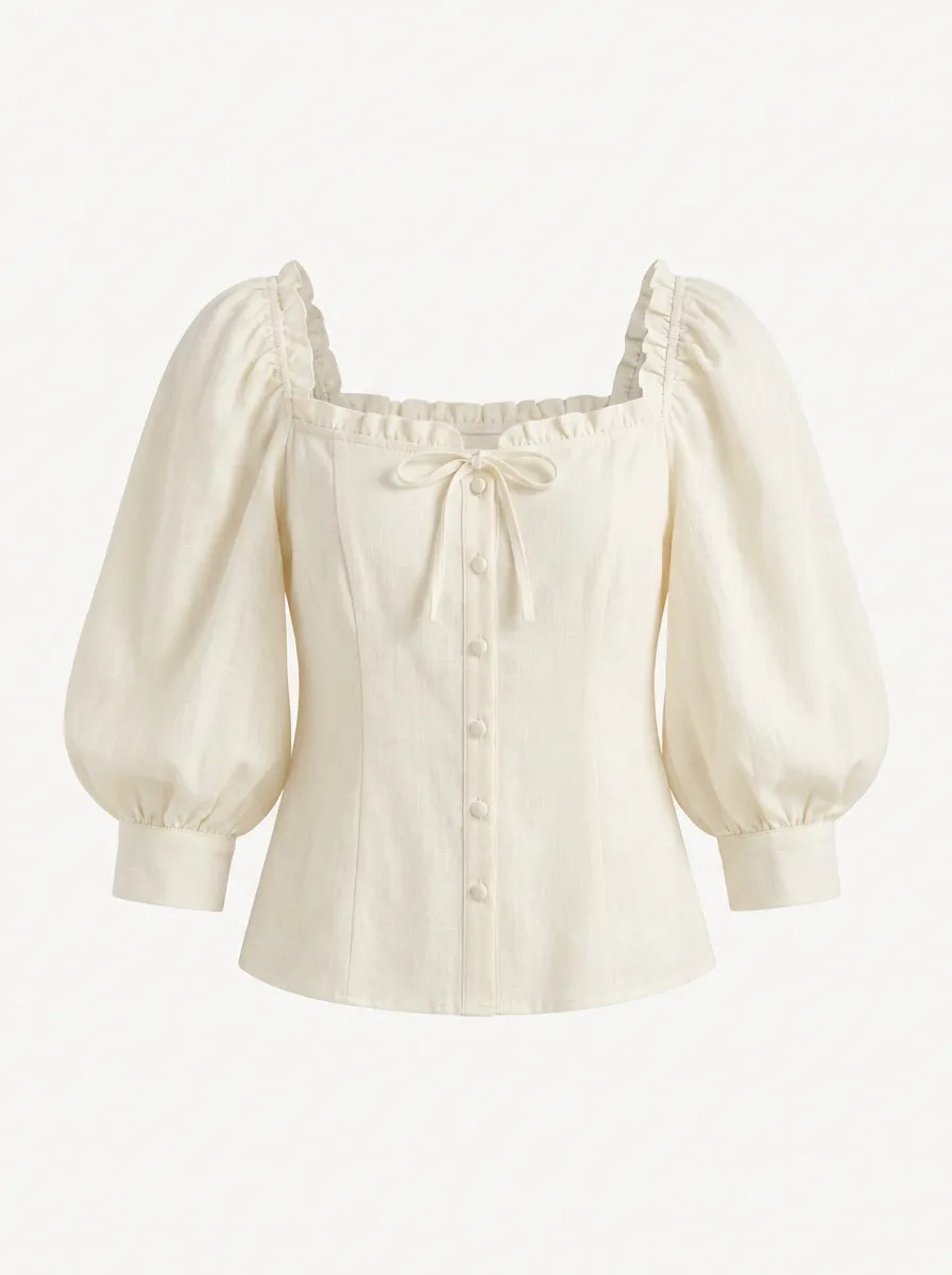 Women's Down Top Vintage Square Neck Puff Sleeve Button