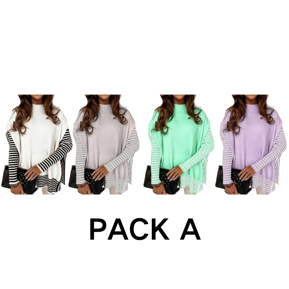 Women's Striped Patchwork Print Batwing Sleeve Split Hem Sweater for Fall & Winter