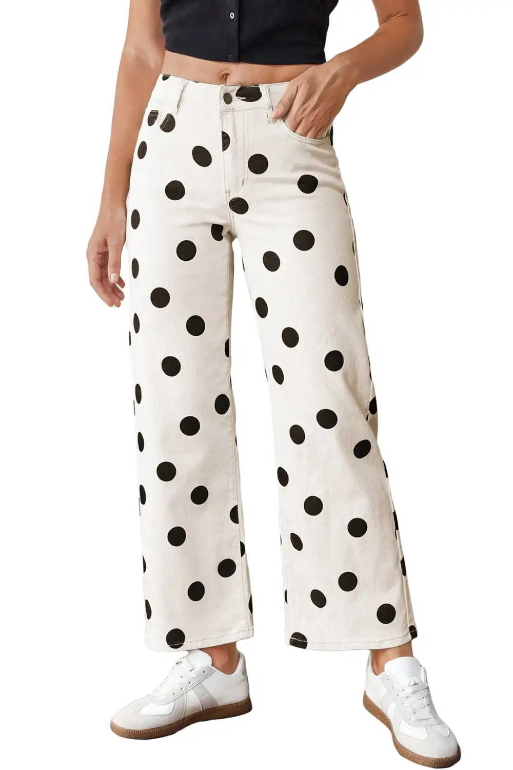 Polka Dot Print Wide Leg Ankle Length Jeans