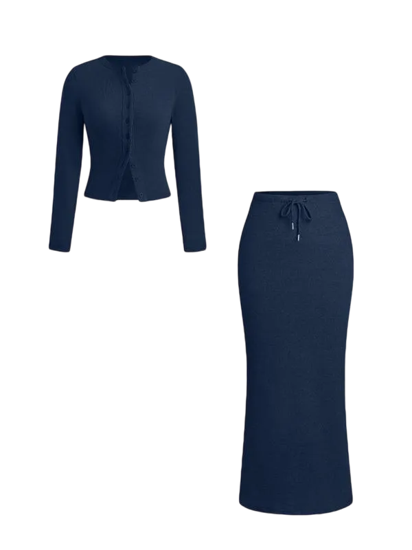 Women's Slim-Fit Long Sleeve Knitted T-Shirt Set, Elegant A-Line Skirt, Spring & Fall Fashion, Basic Style, Moderate Fabric