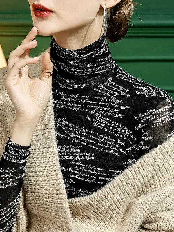 Long Sleeve Slim Fit Gauze Letter Print High Neck T-Shirt