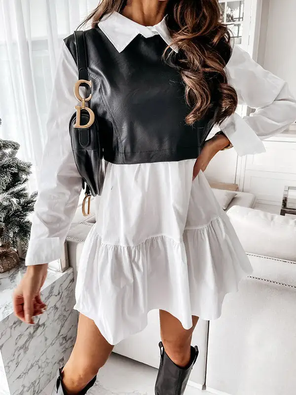 Long Sleeve Relaxed Contrast Color Pleated Split Joint Lapel Mini Dress