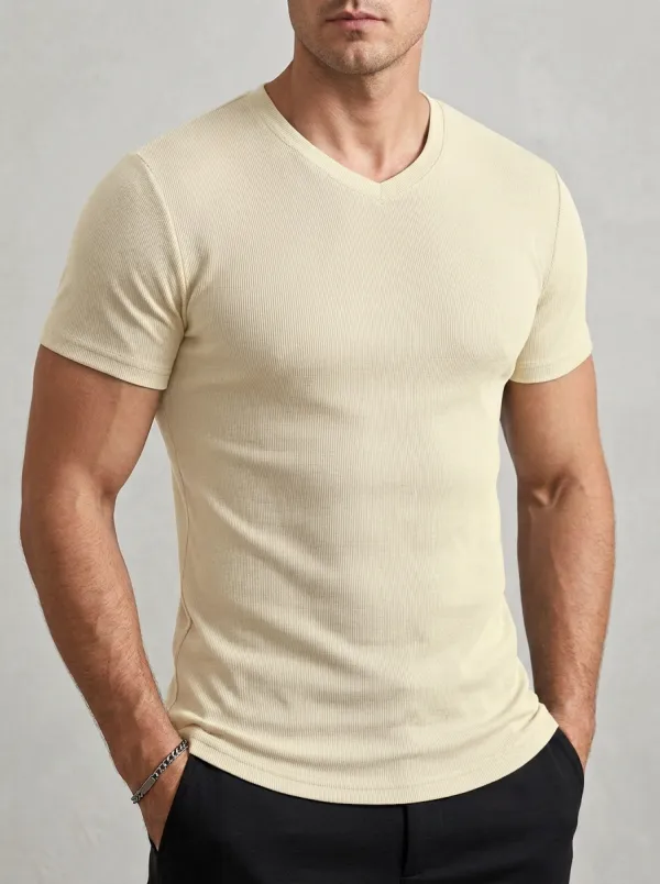 Minimal Ribbed V-Neck Core Style Men's Slim Fit Short Sleeve T-Shirt