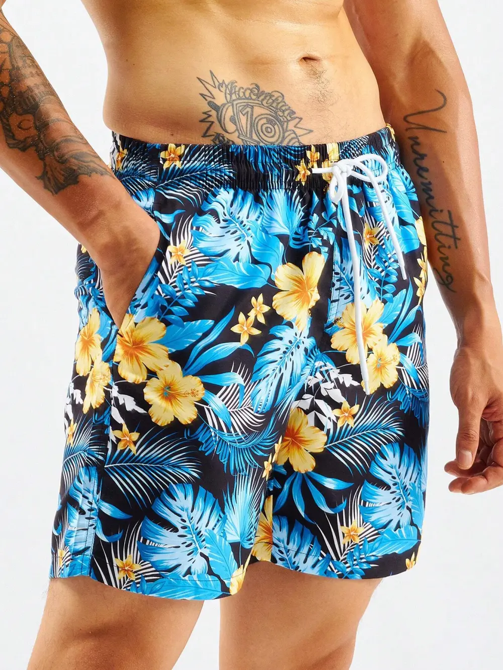 Men's Drawstring Tropical Print Pocket Swim Trunks