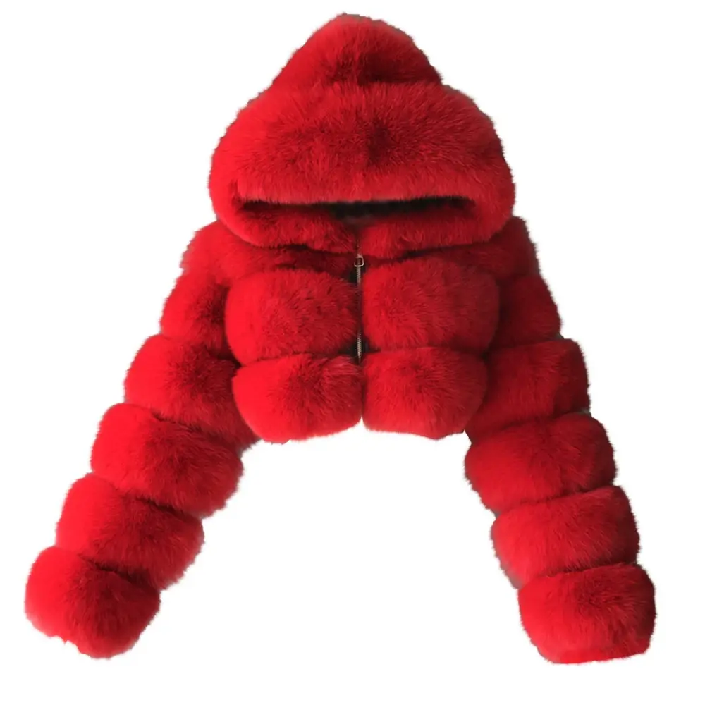 Red Faux Fur Coat Women with Hood Cropped Bubble Coats Fleece Short Warm Jackets Plus Size Winter Coats for Women