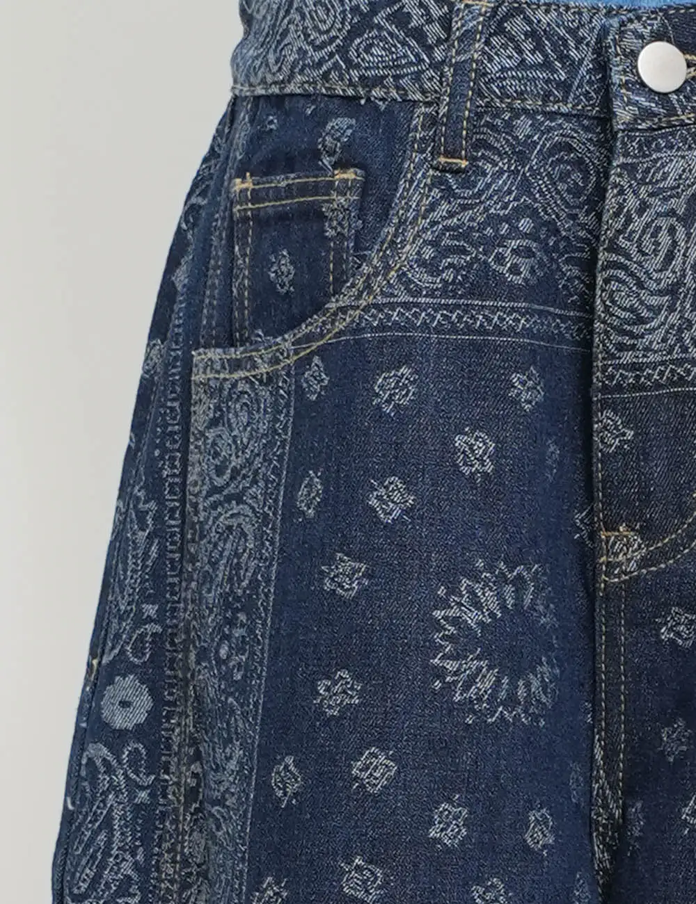 Vintage Jacquard Zip Fly Barrel Denim Pants