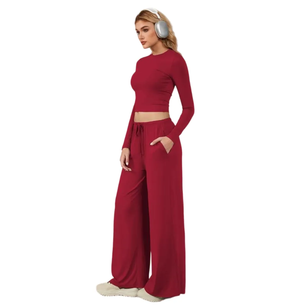Women's 2-Piece Activewear Set Long-Sleeve Crop Top & Wide-Leg Pants Stretchy Fabric for Yoga