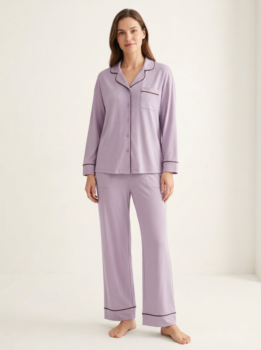 Women's Piped-Cuff Side-Pocket Button-Down Pajama Set