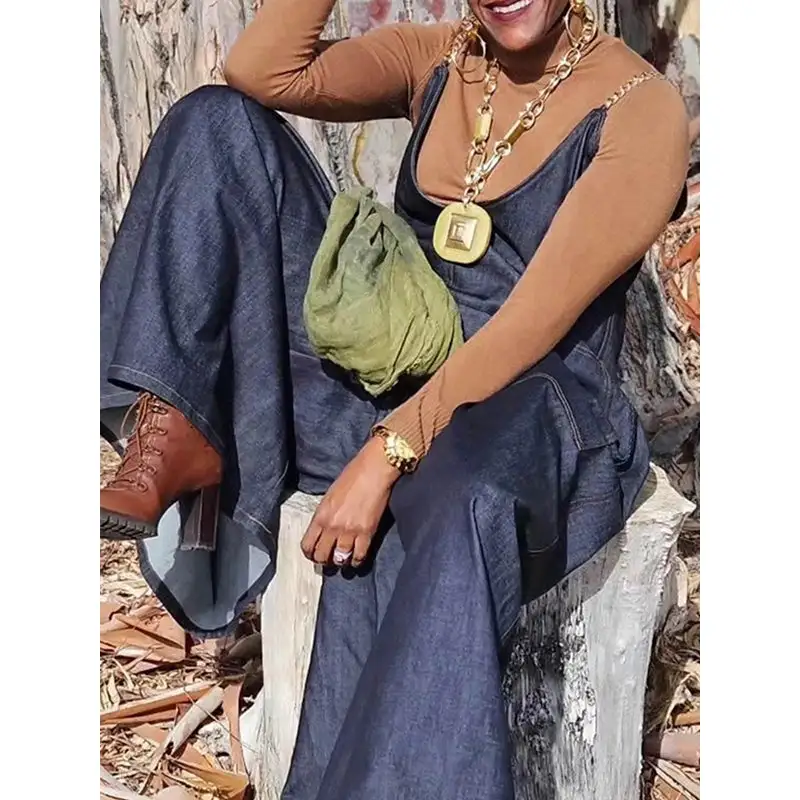 Lightweight Loose Sleeveless Pockets Split-Joint Spaghetti-Neck Overalls