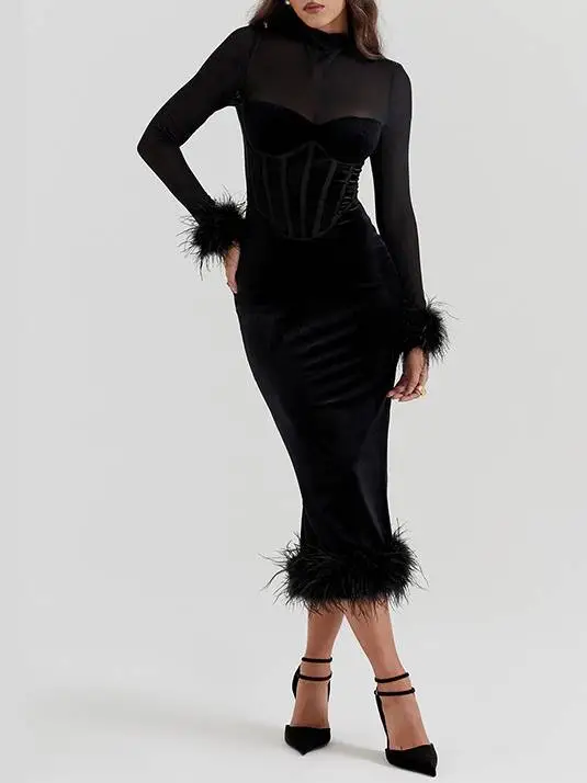 Mesh Patchwork Velvet Corset Midi Dress