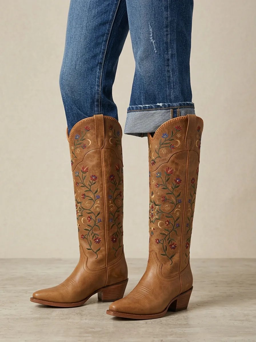 Women's Western Floral Moon Star Embroidered Block-Heel Stacked-Heel Denim Over-the-Knee Boots