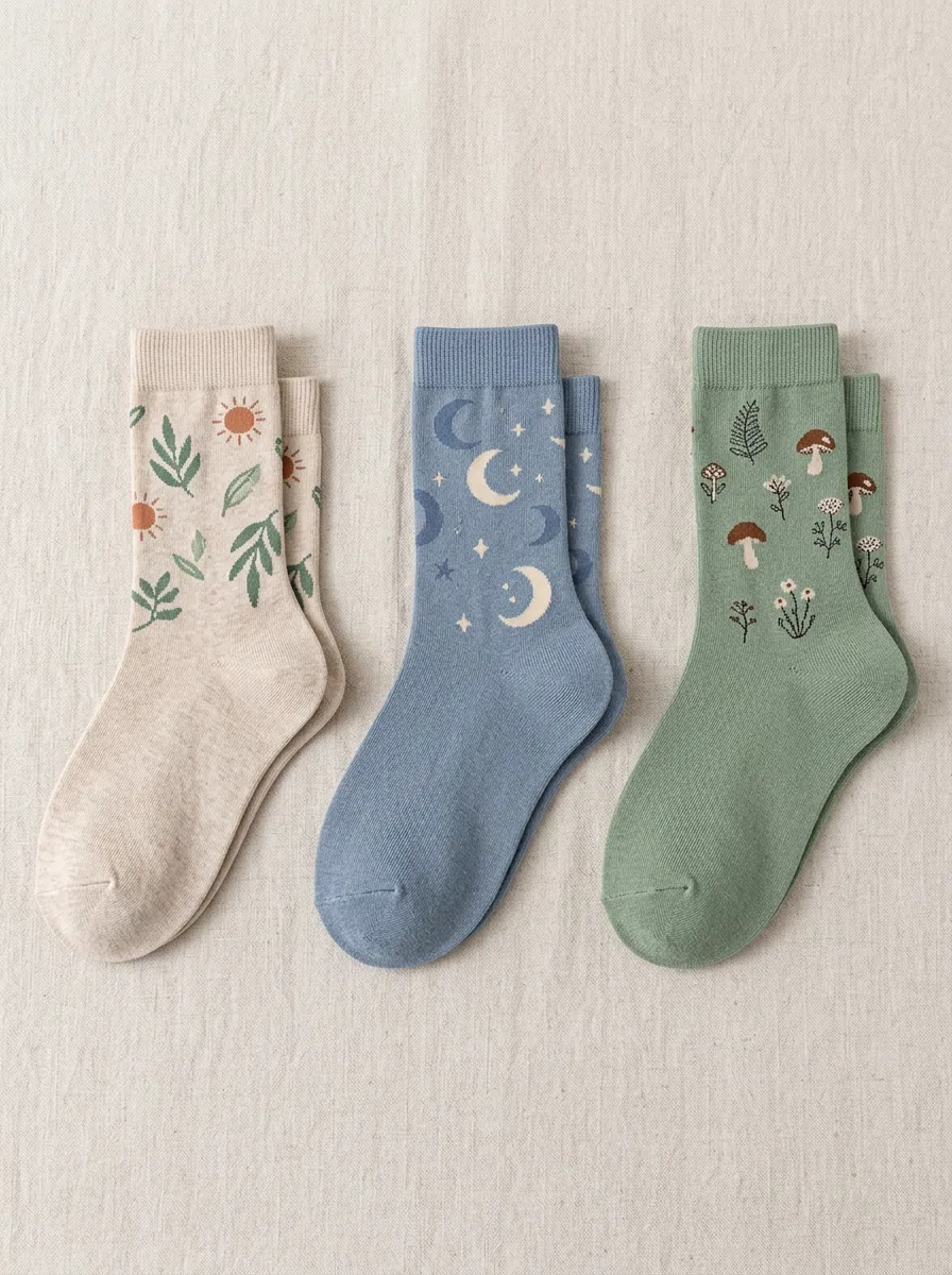 Women's Woodland Nature Motif Crew Socks Three Pair Set