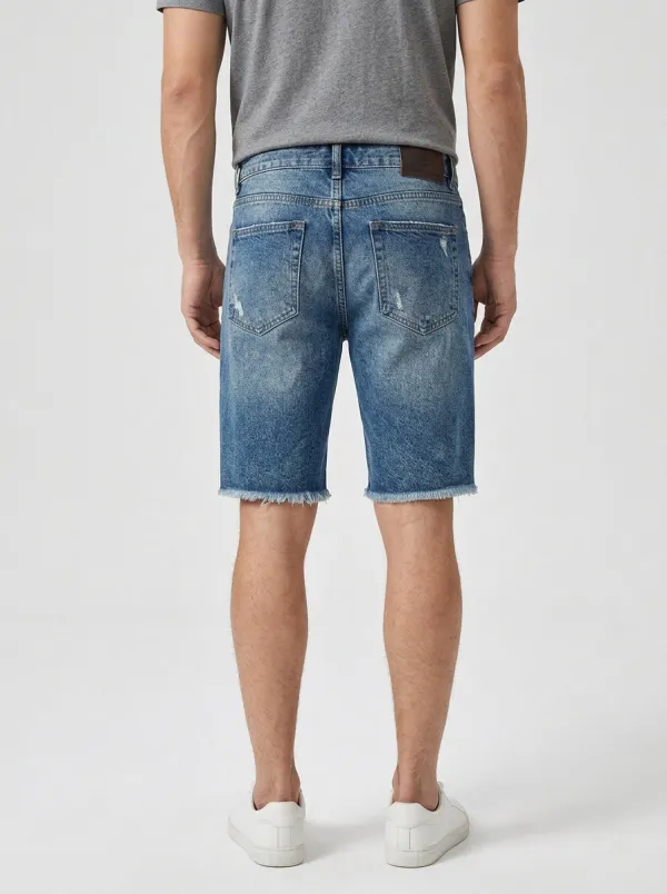 Storage-Ready Streetwear Distressed Detail Men's Distressed Raw Hem Denim Shorts