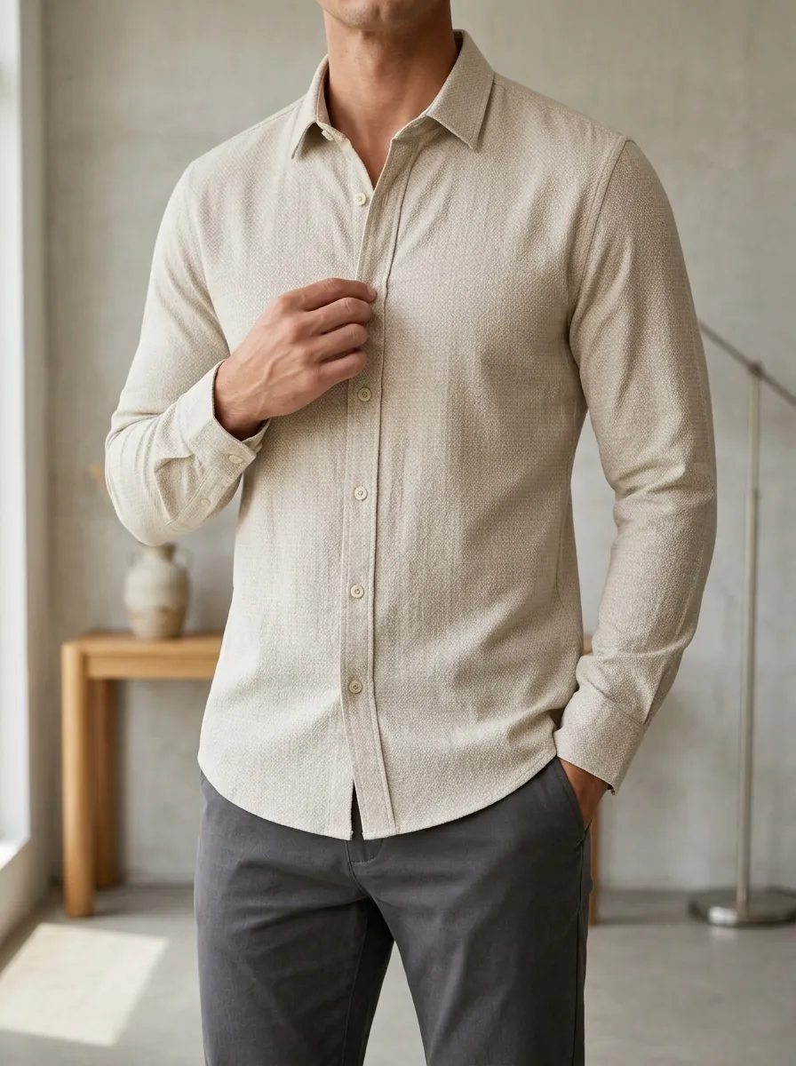Men's Casual Minimalist Beige Textured Slim Fit Button-Down Shirt