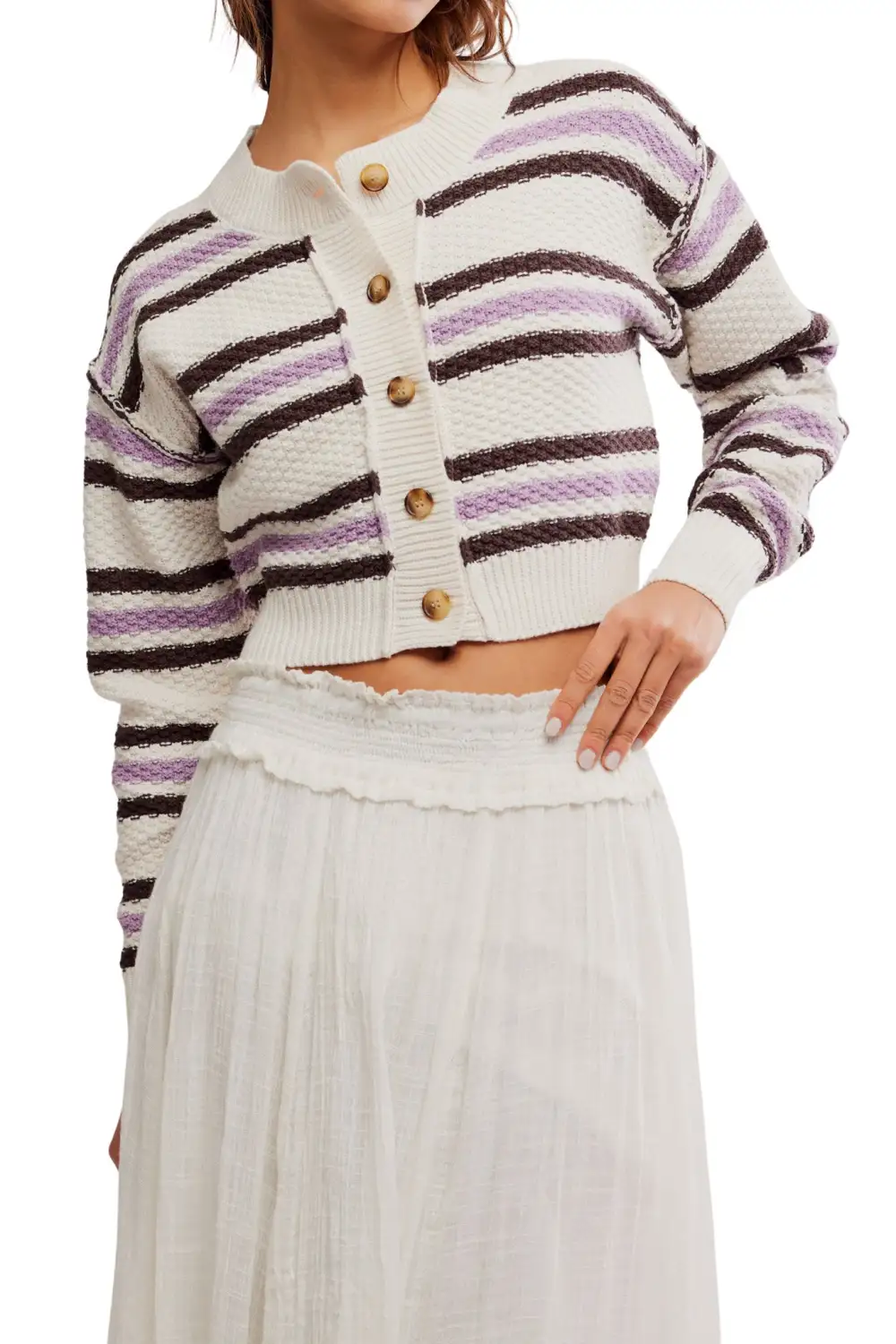 Striped Textured Button Front Relaxed Cardigan