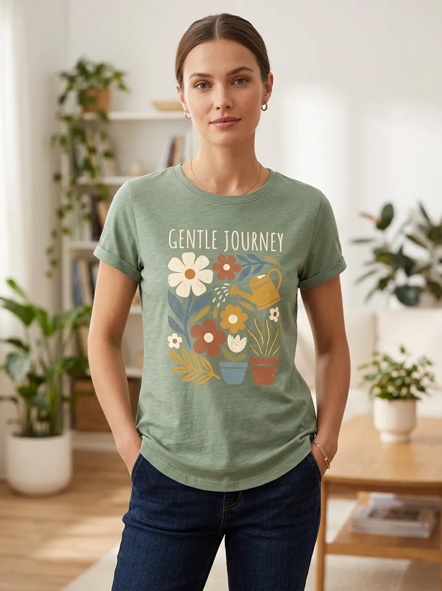 Women's Gardening Gentle Journey Floral Watering Can Print T-Shirt