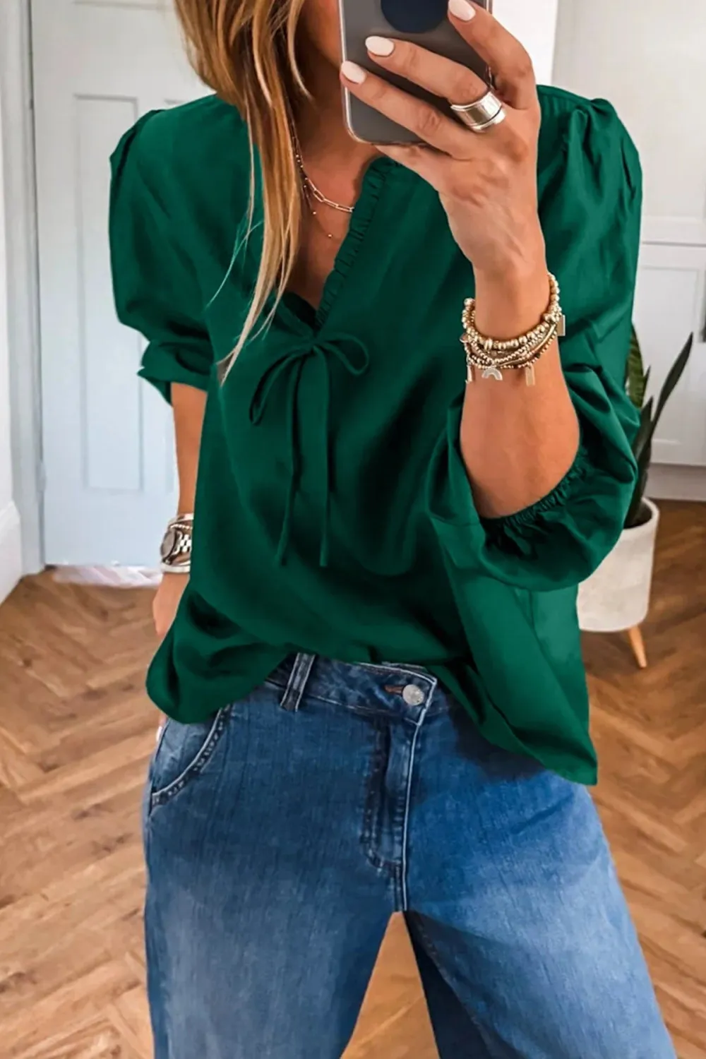Frilled Bow Detail V-Neck Blouse