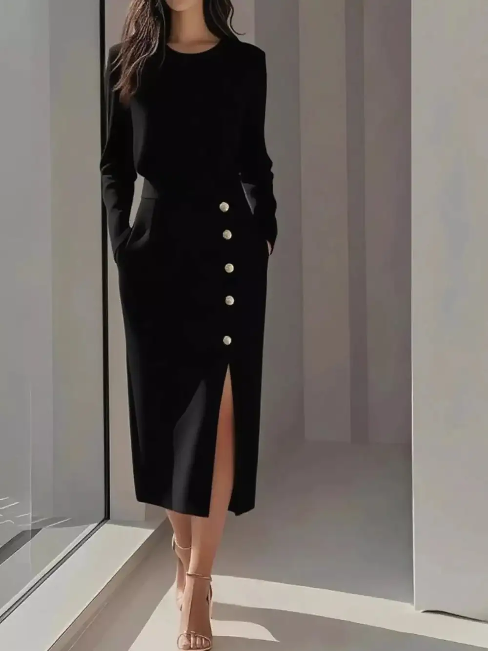 Slit Long Sleeve Midi Dress