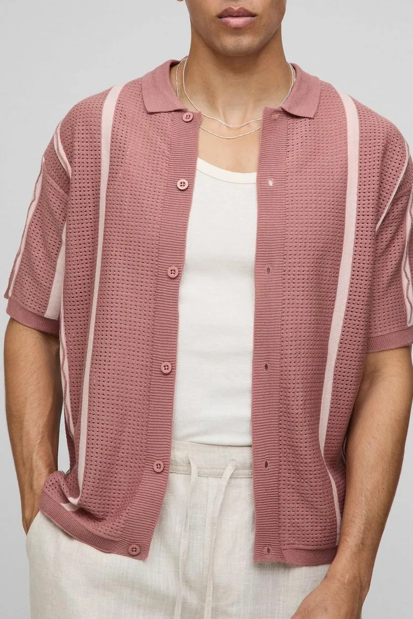 Relaxed Fit Open Stitch Border Stripe Knitted Acrylic Shirt Cropped