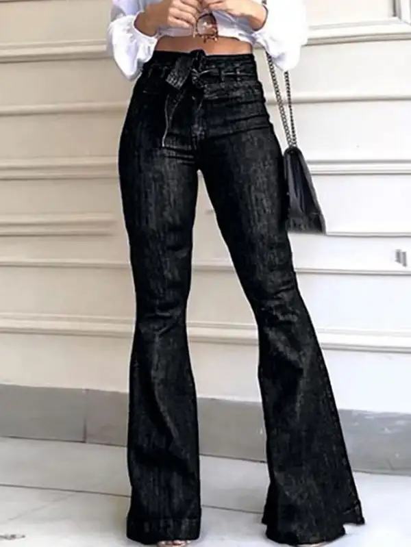 Minimal High Waist Relaxed Fit Flared Tie Waist Jeans