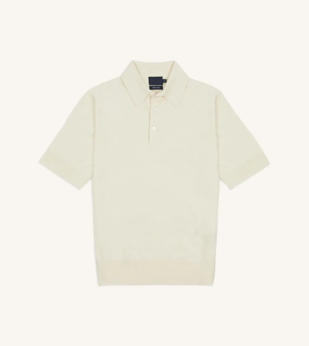 Casual Style Ecru Knitted Linen-Cotton Short-Sleeve Polo Shirt