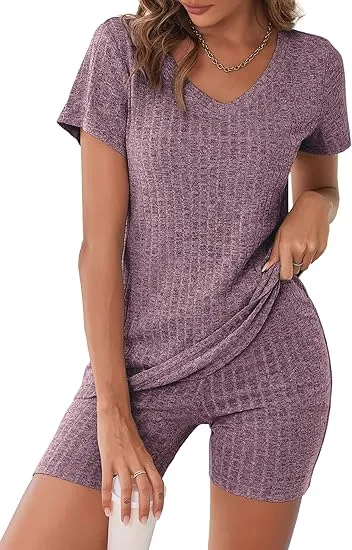 10PACK-Ribbed Pajama Short Sleeve Workout Set