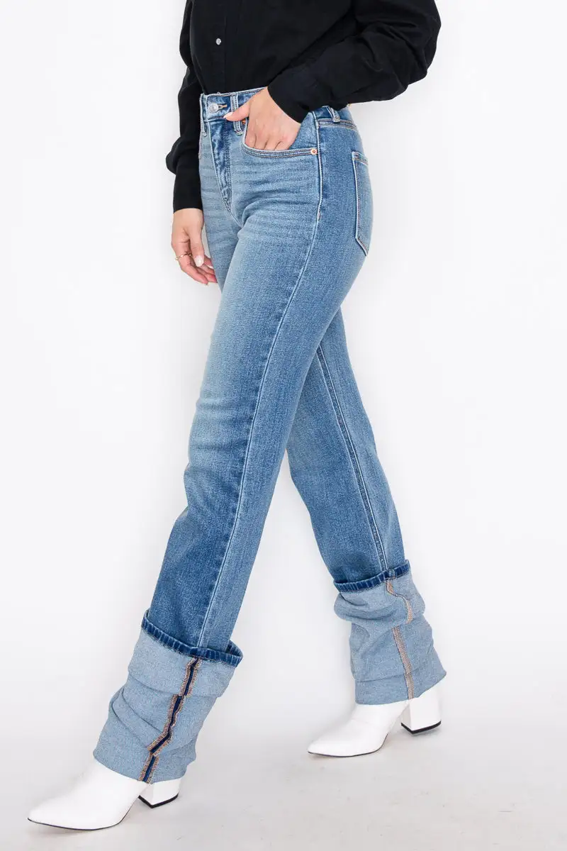 High Rise Straight Leg Cuffed Denim Jeans