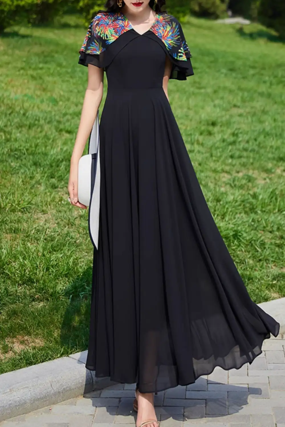 Printed Chiffon Swing V Neck Maxi Dress
