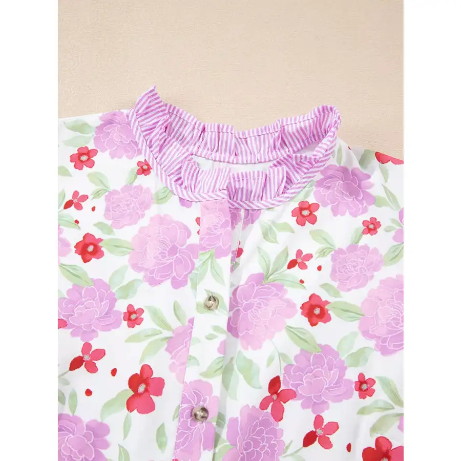Print Trim Frilled Neck Sleeve Flared Mini Dress