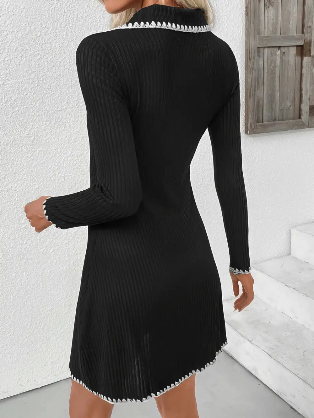 Textured Detail Long Sleeve Sweater Dress